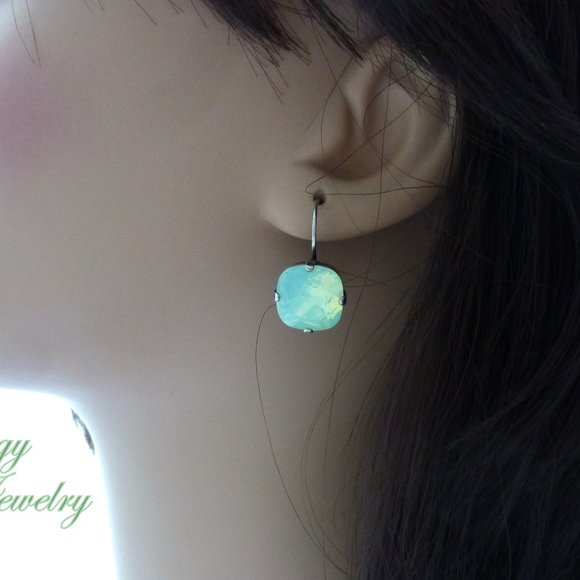 Swarovski Crystal Chrysolite Opal Cushion Cut Drop Earrings, 12mm Fancy Square - Picture 4 of 5